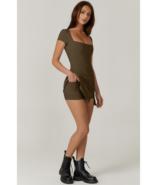 QINSEN Womens Square Neck Tennis Dress Short Sleeve Built in Shorts Golf Athletic Dress with Pockets
