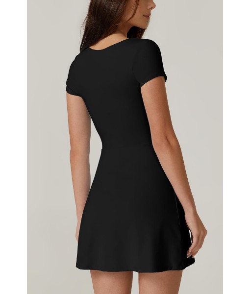 QINSEN Womens Square Neck Tennis Dress Short Sleeve Built in Shorts Golf Athletic Dress with Pockets