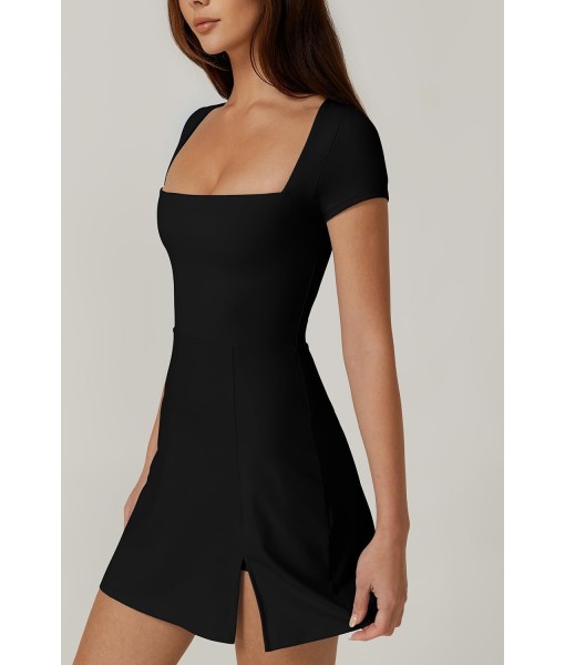 QINSEN Womens Square Neck Tennis Dress Short Sleeve Built in Shorts Golf Athletic Dress with Pockets
