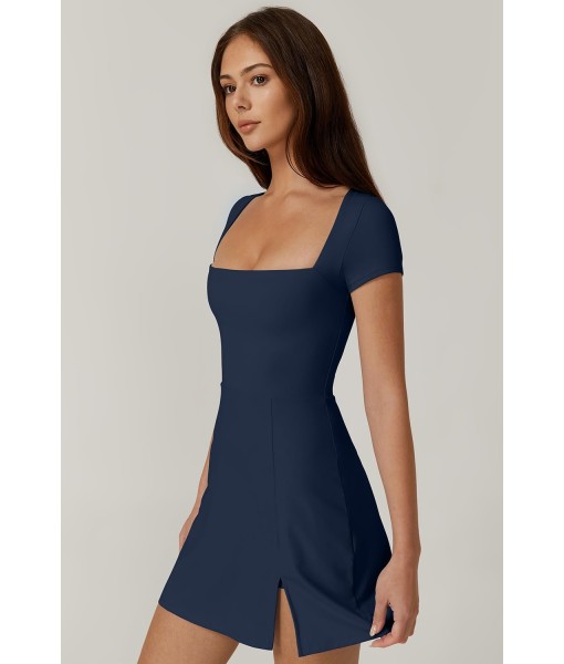 QINSEN Womens Square Neck Tennis Dress Short Sleeve Built in Shorts Golf Athletic Dress with Pockets