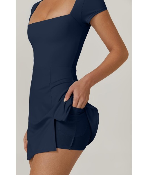 QINSEN Womens Square Neck Tennis Dress Short Sleeve Built in Shorts Golf Athletic Dress with Pockets