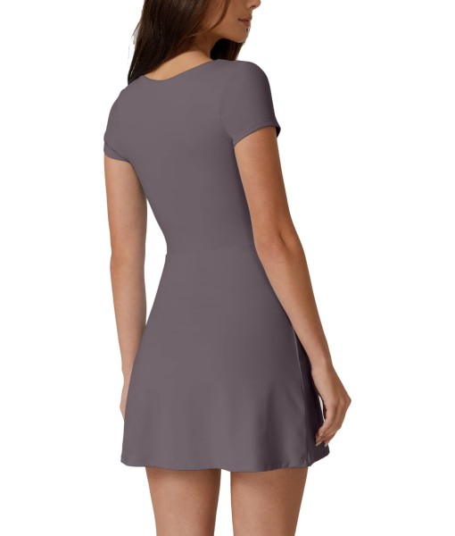 QINSEN Womens Square Neck Tennis Dress Short Sleeve Built in Shorts Golf Athletic Dress with Pockets