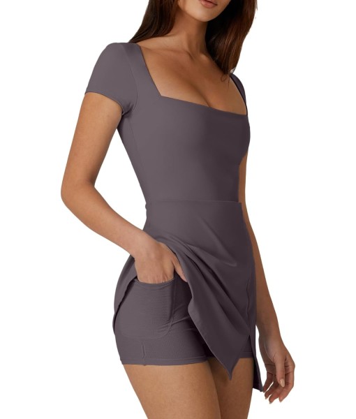 QINSEN Womens Square Neck Tennis Dress Short Sleeve Built in Shorts Golf Athletic Dress with Pockets