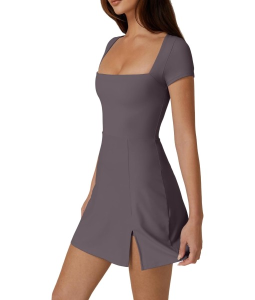 QINSEN Womens Square Neck Tennis Dress Short Sleeve Built in Shorts Golf Athletic Dress with Pockets