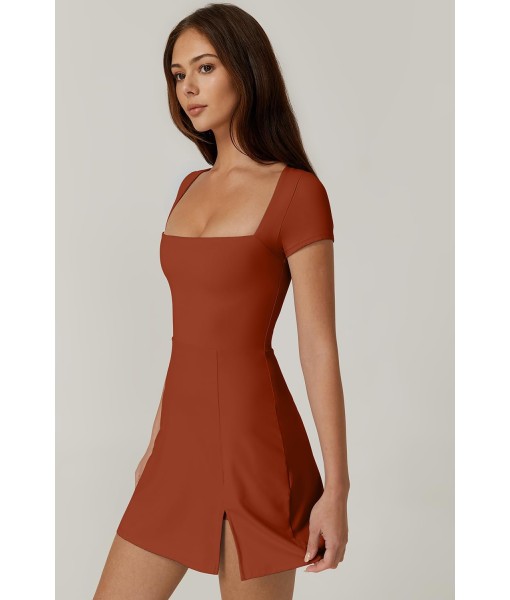 QINSEN Womens Square Neck Tennis Dress Short Sleeve Built in Shorts Golf Athletic Dress with Pockets