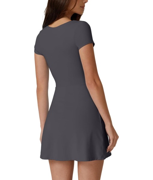QINSEN Womens Square Neck Tennis Dress Short Sleeve Built in Shorts Golf Athletic Dress with Pockets
