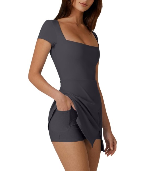 QINSEN Womens Square Neck Tennis Dress Short Sleeve Built in Shorts Golf Athletic Dress with Pockets