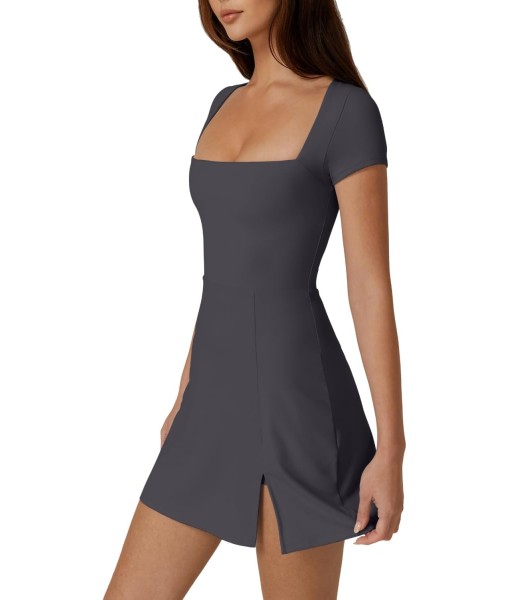 QINSEN Womens Square Neck Tennis Dress Short Sleeve Built in Shorts Golf Athletic Dress with Pockets
