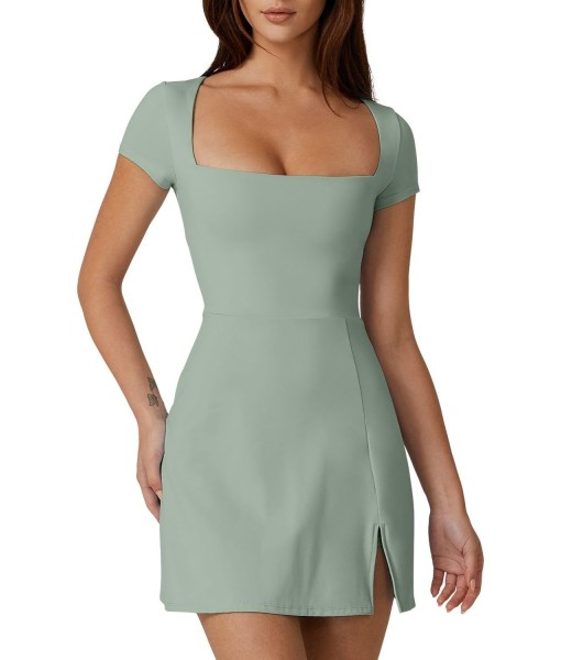 QINSEN Womens Square Neck Tennis Dress Short Sleeve Built in Shorts Golf Athletic Dress with Pockets