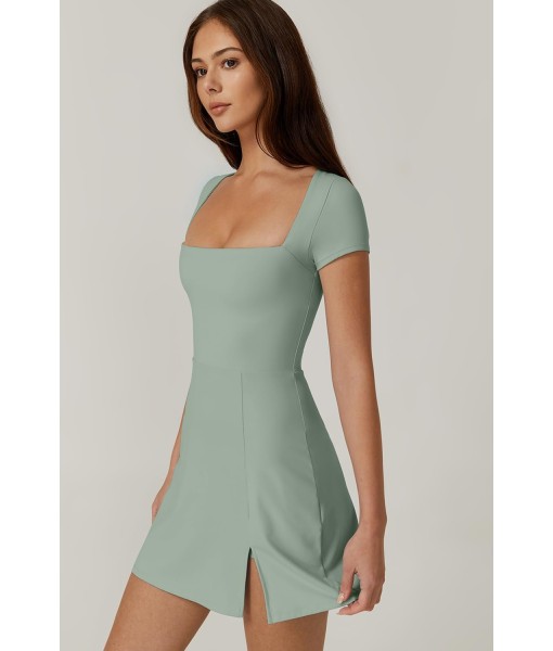 QINSEN Womens Square Neck Tennis Dress Short Sleeve Built in Shorts Golf Athletic Dress with Pockets