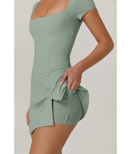 QINSEN Womens Square Neck Tennis Dress Short Sleeve Built in Shorts Golf Athletic Dress with Pockets
