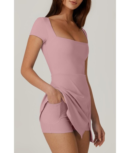 QINSEN Womens Square Neck Tennis Dress Short Sleeve Built in Shorts Golf Athletic Dress with Pockets