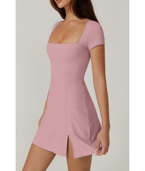 QINSEN Womens Square Neck Tennis Dress Short Sleeve Built in Shorts Golf Athletic Dress with Pockets