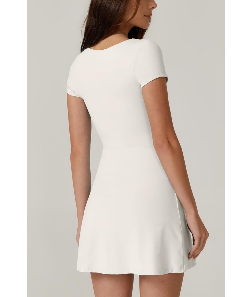 QINSEN Womens Square Neck Tennis Dress Short Sleeve Built in Shorts Golf Athletic Dress with Pockets