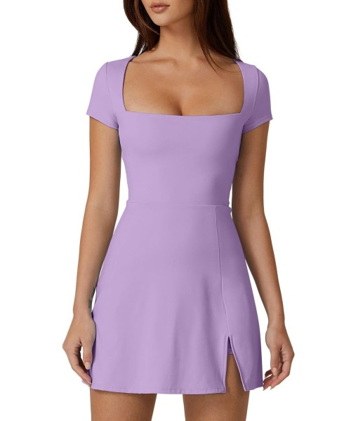 QINSEN Womens Square Neck Tennis Dress Short Sleeve Built in Shorts Golf Athletic Dress with Pockets