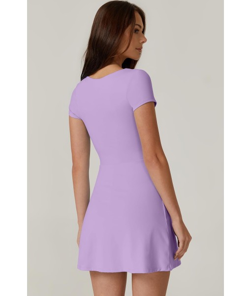 QINSEN Womens Square Neck Tennis Dress Short Sleeve Built in Shorts Golf Athletic Dress with Pockets