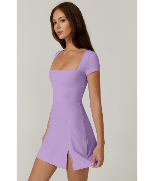 QINSEN Womens Square Neck Tennis Dress Short Sleeve Built in Shorts Golf Athletic Dress with Pockets