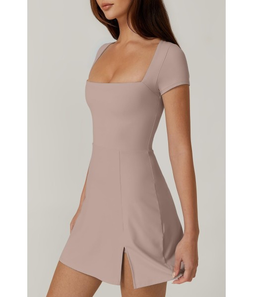 QINSEN Womens Square Neck Tennis Dress Short Sleeve Built in Shorts Golf Athletic Dress with Pockets