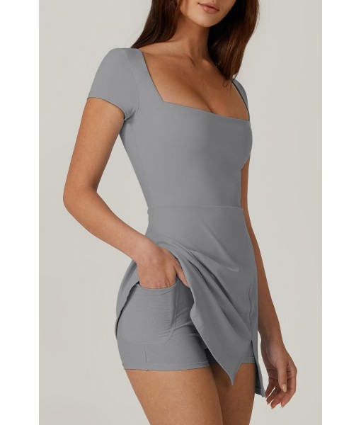 QINSEN Womens Square Neck Tennis Dress Short Sleeve Built in Shorts Golf Athletic Dress with Pockets
