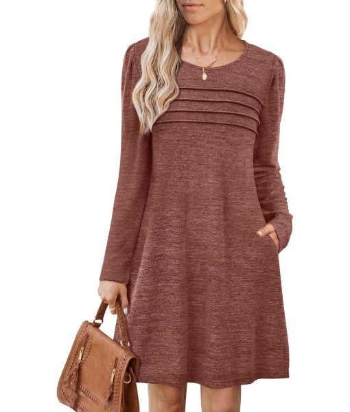 OFEEFAN Womens Long Sleeve Tunic Dress Fall Fashion Sweater Dress with Pockets Pleated Front Casual Winter