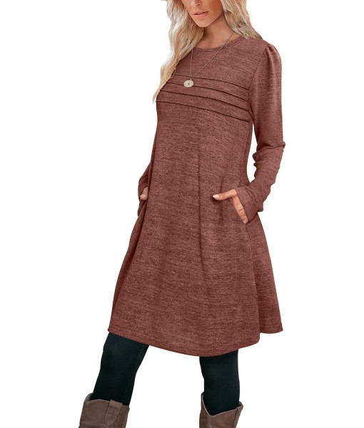 OFEEFAN Womens Long Sleeve Tunic Dress Fall Fashion Sweater Dress with Pockets Pleated Front Casual Winter