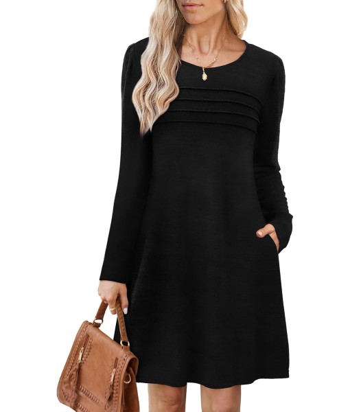 OFEEFAN Womens Long Sleeve Tunic Dress Fall Fashion Sweater Dress with Pockets Pleated Front Casual Winter