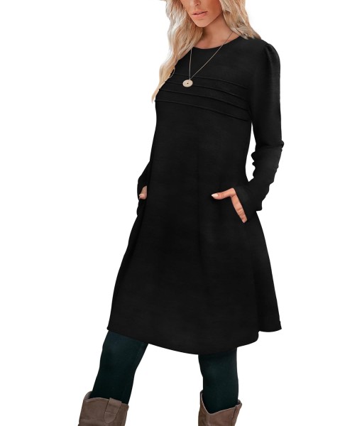 OFEEFAN Womens Long Sleeve Tunic Dress Fall Fashion Sweater Dress with Pockets Pleated Front Casual Winter