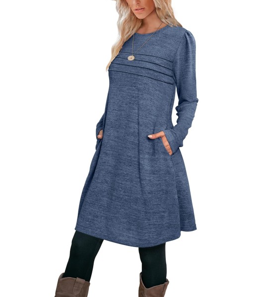 OFEEFAN Womens Long Sleeve Tunic Dress Fall Fashion Sweater Dress with Pockets Pleated Front Casual Winter