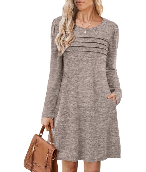OFEEFAN Womens Long Sleeve Tunic Dress Fall Fashion Sweater Dress with Pockets Pleated Front Casual Winter