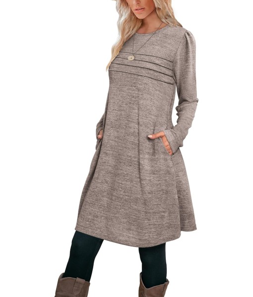 OFEEFAN Womens Long Sleeve Tunic Dress Fall Fashion Sweater Dress with Pockets Pleated Front Casual Winter