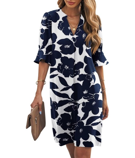 Wkior Shift Dress for Women V Neck Short Sleeves Solid Color Casual Flowy Summer Dresses(S-2XL)