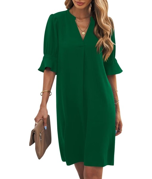 Wkior Shift Dress for Women V Neck Short Sleeves Solid Color Casual Flowy Summer Dresses(S-2XL)