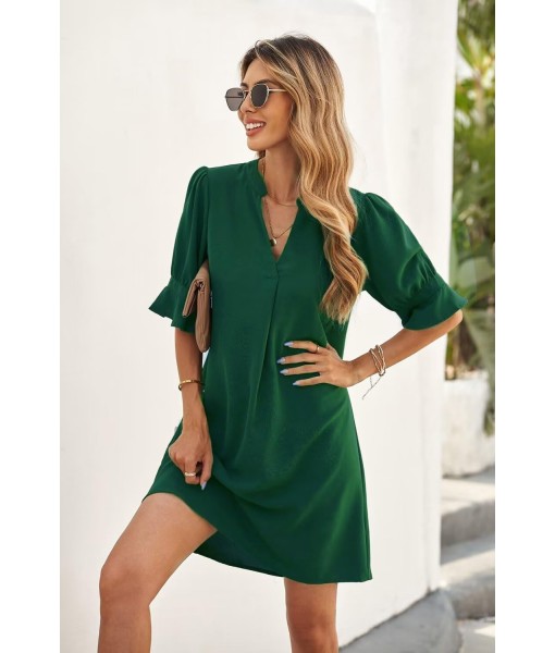 Wkior Shift Dress for Women V Neck Short Sleeves Solid Color Casual Flowy Summer Dresses(S-2XL)