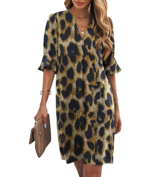 Wkior Shift Dress for Women V Neck Short Sleeves Solid Color Casual Flowy Summer Dresses(S-2XL)