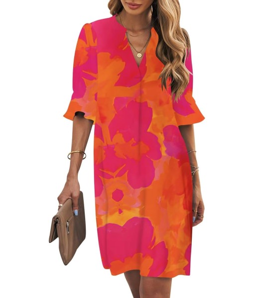 Wkior Shift Dress for Women V Neck Short Sleeves Solid Color Casual Flowy Summer Dresses(S-2XL)