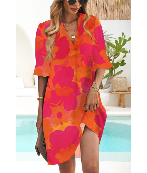 Wkior Shift Dress for Women V Neck Short Sleeves Solid Color Casual Flowy Summer Dresses(S-2XL)