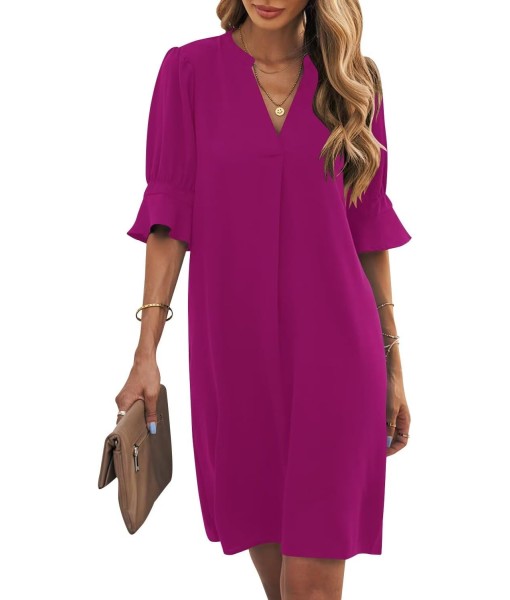 Wkior Shift Dress for Women V Neck Short Sleeves Solid Color Casual Flowy Summer Dresses(S-2XL)