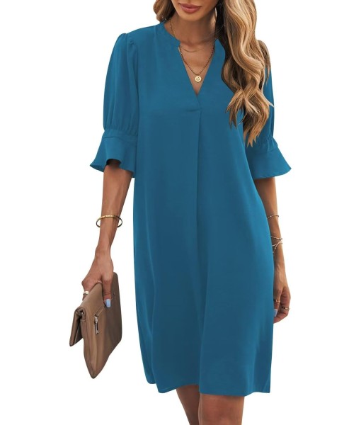 Wkior Shift Dress for Women V Neck Short Sleeves Solid Color Casual Flowy Summer Dresses(S-2XL)