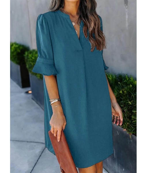 Wkior Shift Dress for Women V Neck Short Sleeves Solid Color Casual Flowy Summer Dresses(S-2XL)