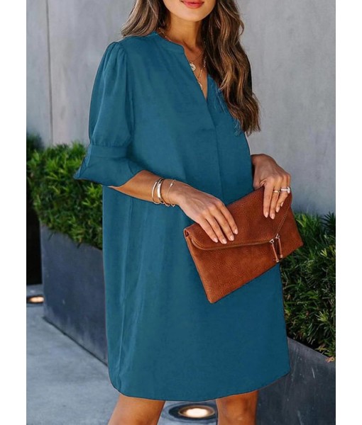 Wkior Shift Dress for Women V Neck Short Sleeves Solid Color Casual Flowy Summer Dresses(S-2XL)