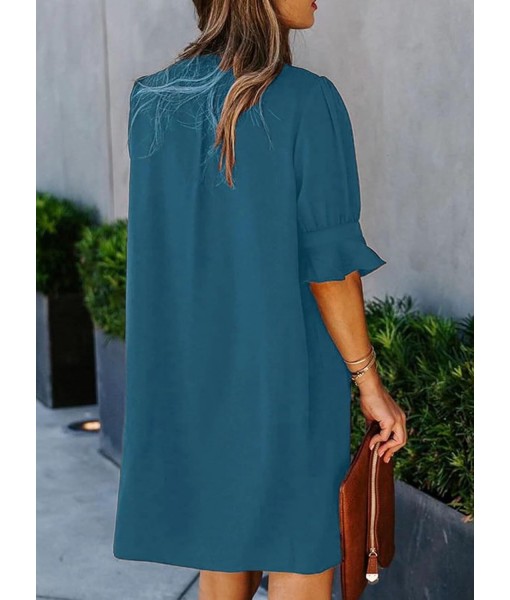 Wkior Shift Dress for Women V Neck Short Sleeves Solid Color Casual Flowy Summer Dresses(S-2XL)