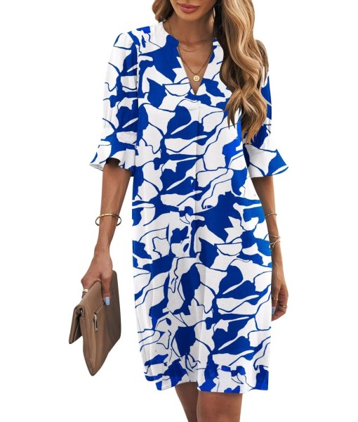 Wkior Shift Dress for Women V Neck Short Sleeves Solid Color Casual Flowy Summer Dresses(S-2XL)