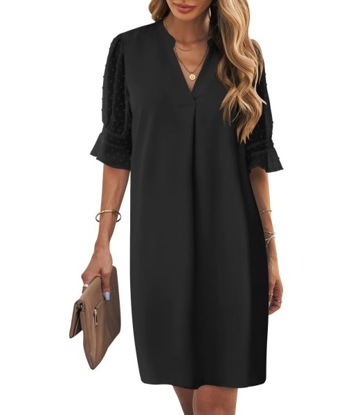 Wkior Shift Dress for Women V Neck Short Sleeves Solid Color Casual Flowy Summer Dresses(S-2XL)