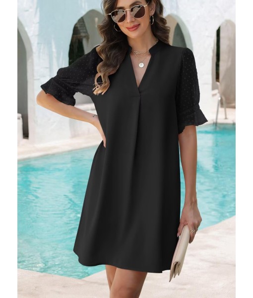 Wkior Shift Dress for Women V Neck Short Sleeves Solid Color Casual Flowy Summer Dresses(S-2XL)