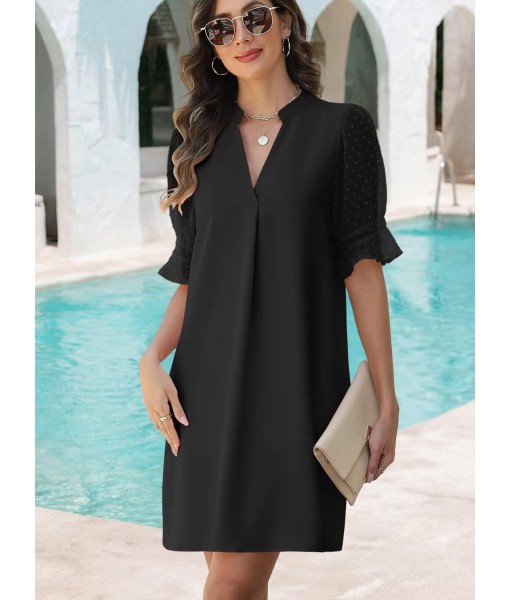 Wkior Shift Dress for Women V Neck Short Sleeves Solid Color Casual Flowy Summer Dresses(S-2XL)