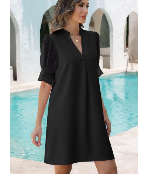 Wkior Shift Dress for Women V Neck Short Sleeves Solid Color Casual Flowy Summer Dresses(S-2XL)