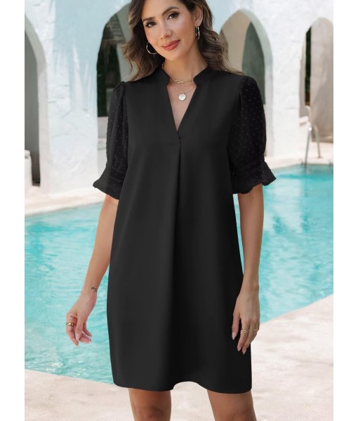 Wkior Shift Dress for Women V Neck Short Sleeves Solid Color Casual Flowy Summer Dresses(S-2XL)