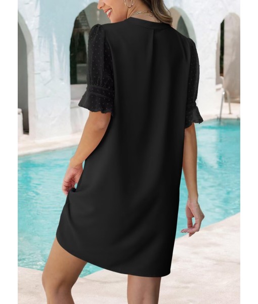 Wkior Shift Dress for Women V Neck Short Sleeves Solid Color Casual Flowy Summer Dresses(S-2XL)