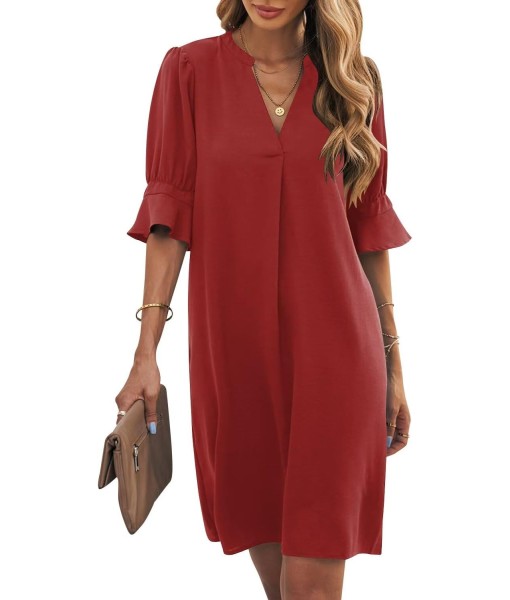 Wkior Shift Dress for Women V Neck Short Sleeves Solid Color Casual Flowy Summer Dresses(S-2XL)