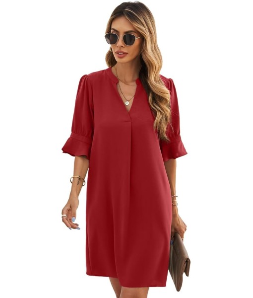 Wkior Shift Dress for Women V Neck Short Sleeves Solid Color Casual Flowy Summer Dresses(S-2XL)